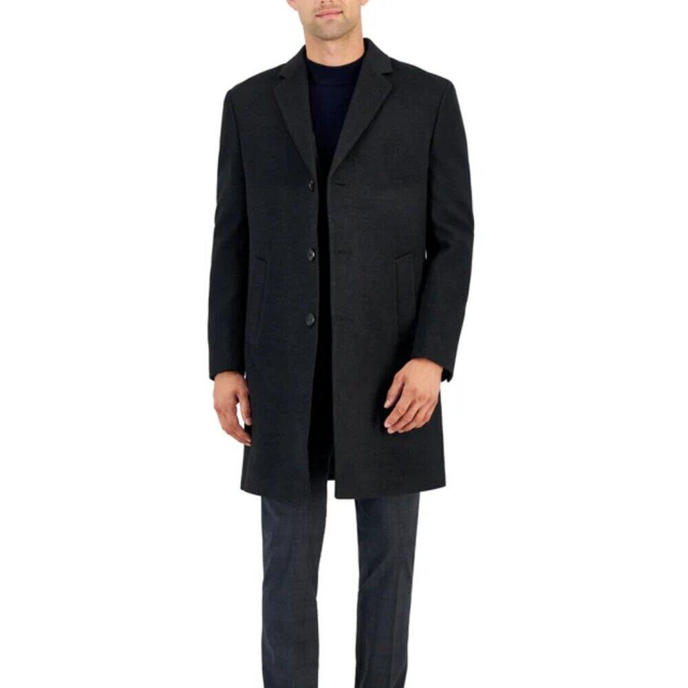 Kenneth Cole Reaction Classic Fit Wool Blend Overcoat Charcoal Mens Size 38/R